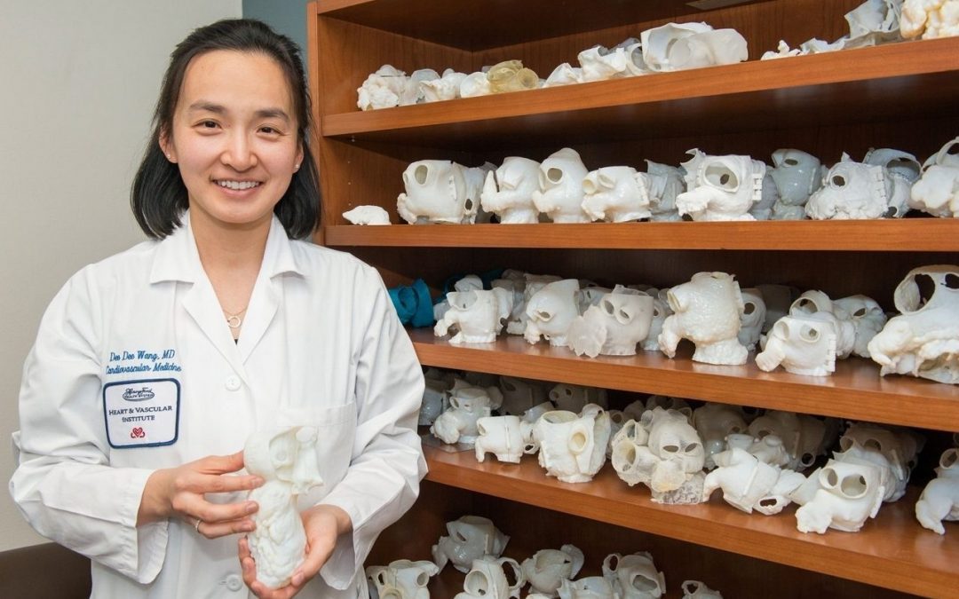 Doctor standing next to a shelf with Medical 3D Printing hearts